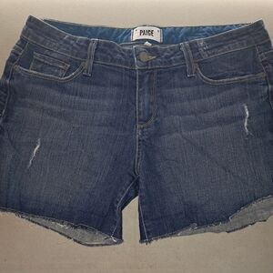 PAIGE Blue Jean Shorts with Distressed Hem